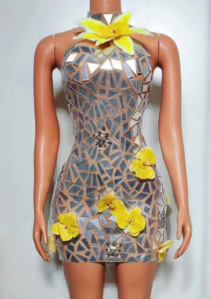 Women Sexy Silver Sleeveless Yellow Floral Patchwork Dress