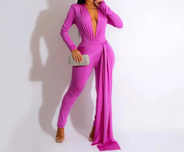 Women Sexy Deep V-Neck Full Sleeve Asymmetrical Jumpsuit