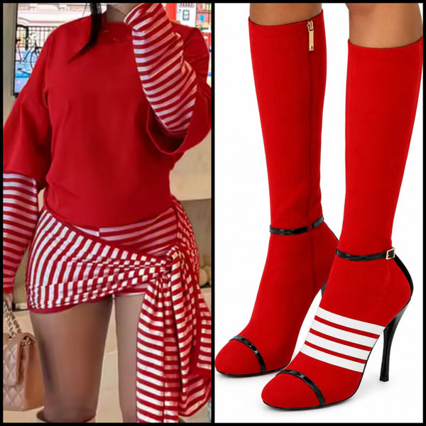 Women Color Striped Full Sleeve Fashion Two Piece Wrap Skirt Set