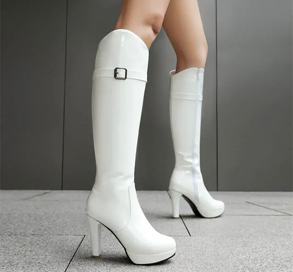 Women Fashion Round Toe Patent Leather Platform Knee High Boots