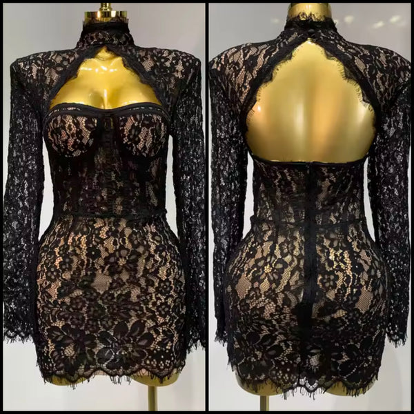 Women Black Sexy Turtleneck Full Sleeve Cut Out Lace Dress