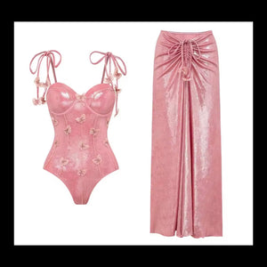 Women Pink Sparkly Tie Up Butterfly Swimsuit Cover Up Set