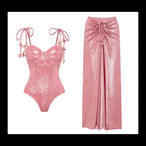 Women Pink Sparkly Tie Up Butterfly Swimsuit Cover Up Set