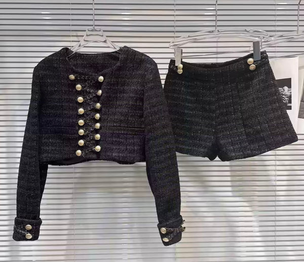 Women Black Gold Button Full Sleeve Blazer Tweed Two Piece Short Set