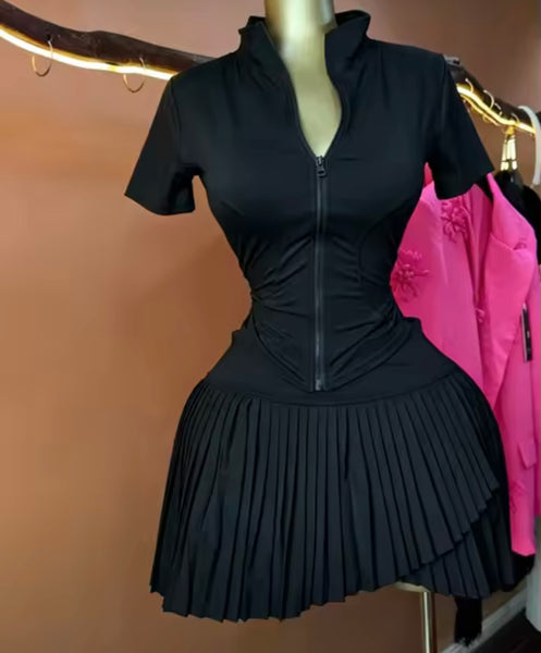 Women Zip Up Short Sleeve Sexy Two Piece Pleated Skirt Set