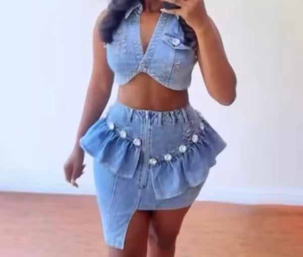 Women Sexy Bling Ruffled Denim Vest Two Piece Skirt Set