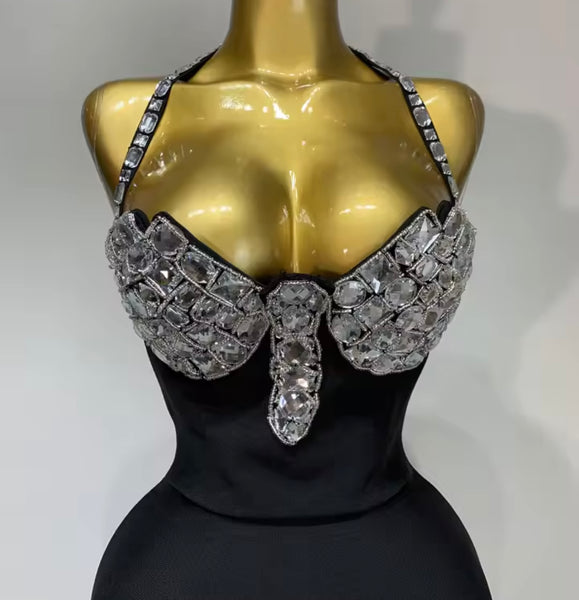 Women Sexy Halter Sleeveless Black Rhinestone Bandage Dress