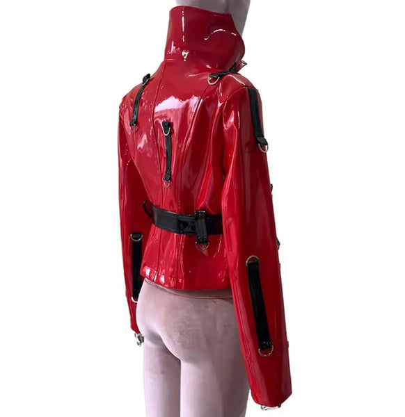 Women Fashion Red PU Leather Buckled Short Jacket