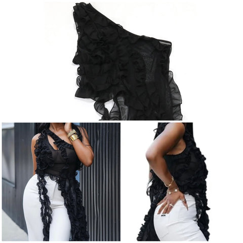 Women Black One Shoulder Sleeveless Ruffled Mesh Tassel Top