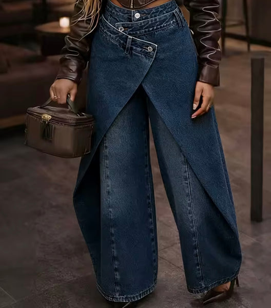 Women Fashion Wide Leg Wrap Denim Pants