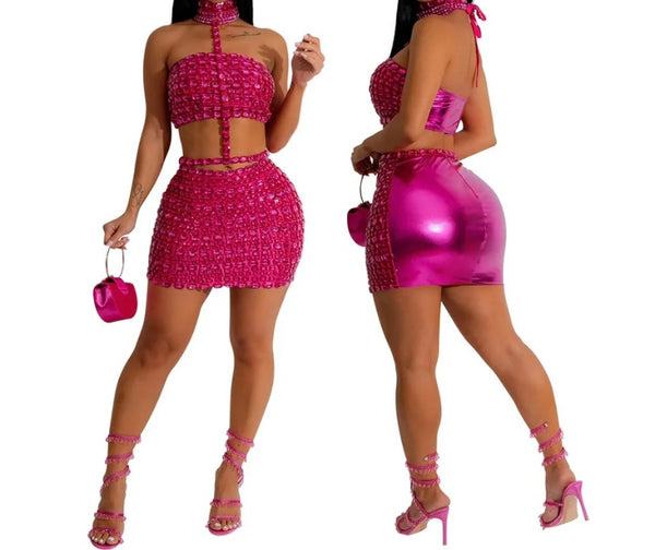 Women Sexy Halter Sleeveless Crystal PU Dress