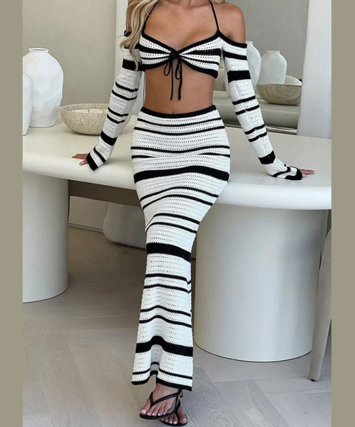 Women Sexy Full Sleeve B&W Ribbed Two Piece Maxi Skirt Set