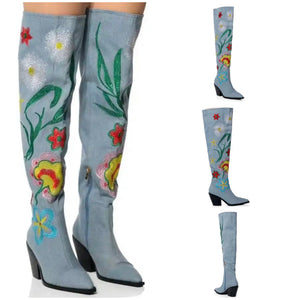 Women Fashion Printed Knee High Western Denim Boots