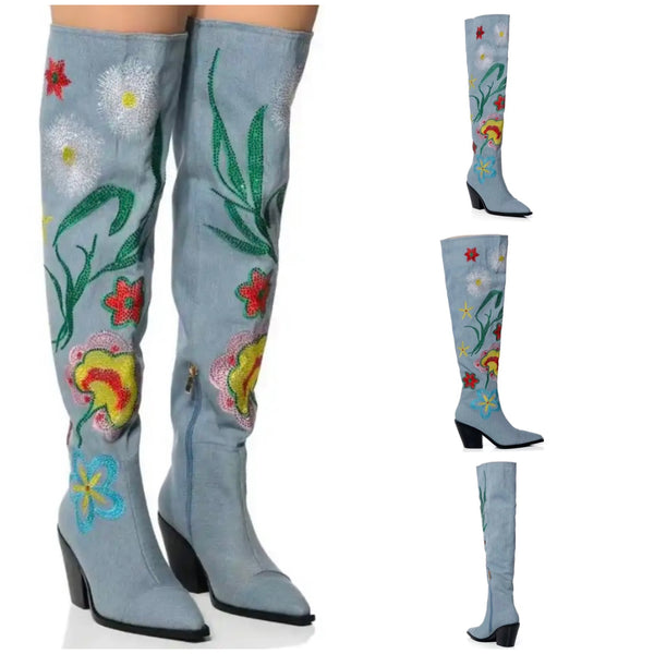 Women Fashion Printed Knee High Western Denim Boots