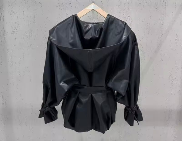 Women Fashion Black Hooded Faux Leather Jacket