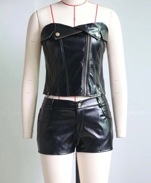 Women Black Sexy Strapless Faux Leather Zipper Two Piece Short Set