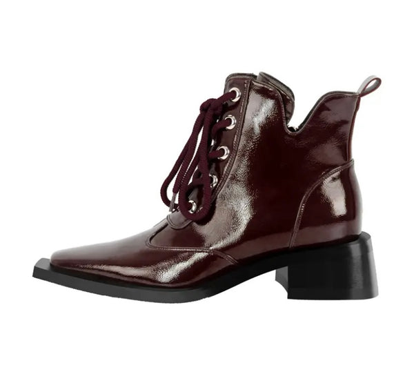 Women Pointed Toe Patent Leather Lace Up Flat Ankle Boots