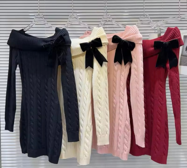 Women Sexy Off The Shoulder Bow Full Sleeve Sweater Dress