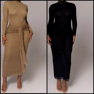 Women Sexy Solid Color Full Sleeve Tassel Maxi Dress