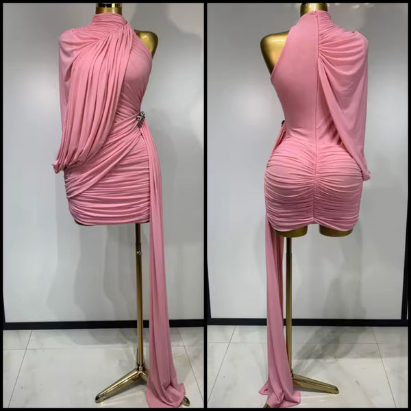 Women Sexy Pink Sleeveless Draped Dress