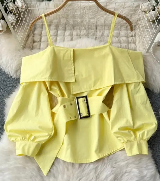 Women Yellow Off The Shoulder Full Sleeve Belted Top