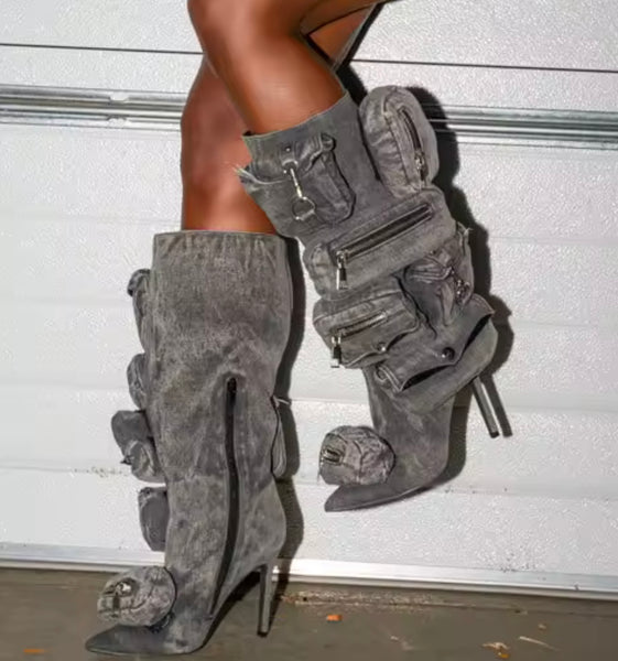 Women Fashion Pointed Toe Pocket Denim Knee High Boots