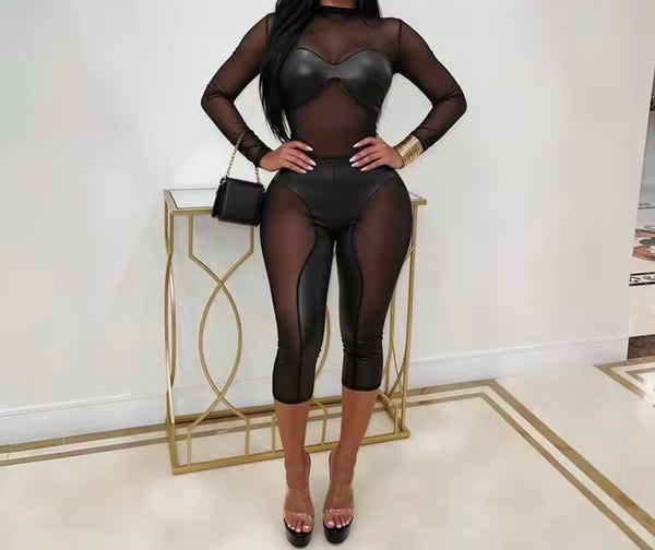 Women Sexy Fashion PU Mesh Patchwork Full Sleeve Capri Jumpsuit