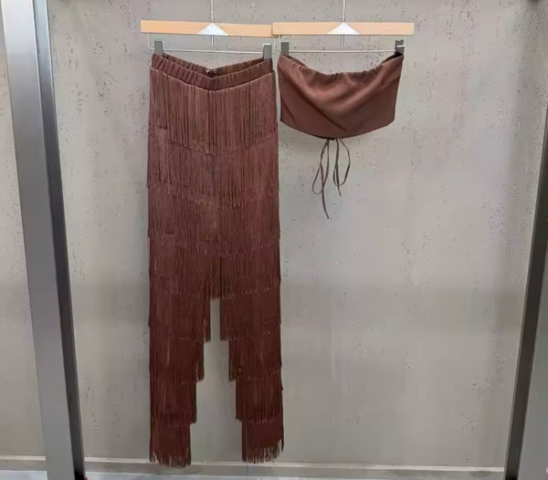 Women Color Strapless Corset Two Piece Fringe Tassel Pant Set