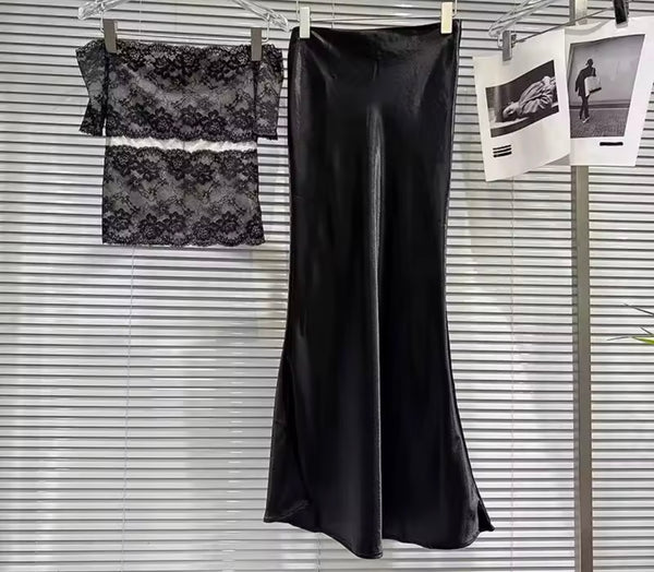 Women Lace Off The Shoulder Two Piece Satin Maxi Skirt Set