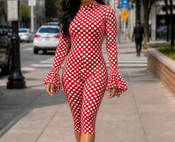 Women Polka Dot Ruffle Full Sleeve Open Back Headband Romper Set