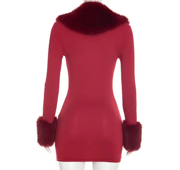 Women Sexy Burgundy Faux Fur Patchwork Full Sleeve Dress