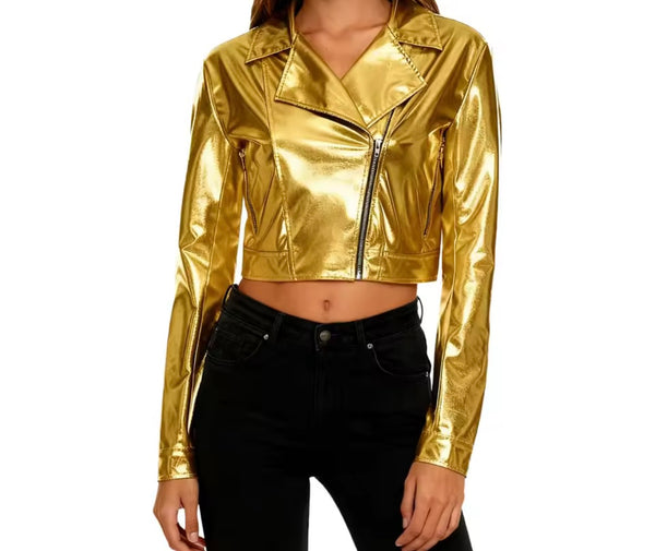 Women Fashion Color Zip Up Metallic PU Jacket