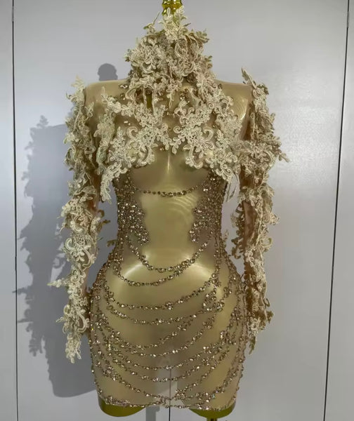 Women Sexy Sequins Rhinestone Mesh Full Sleeve Dress