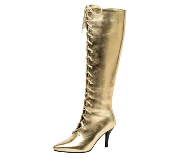 Women Fashion Metallic Lace Up Knee High Boots