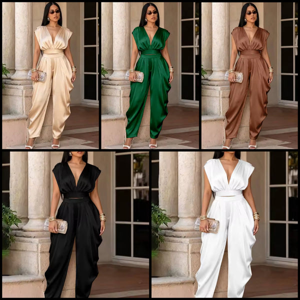 Women Ruched Sexy Satin Sleeveless Two Piece Pant Set