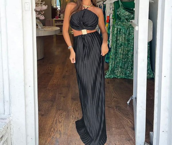 Women Sexy Halter Sleeveless Open Back Pleated Maxi Dress