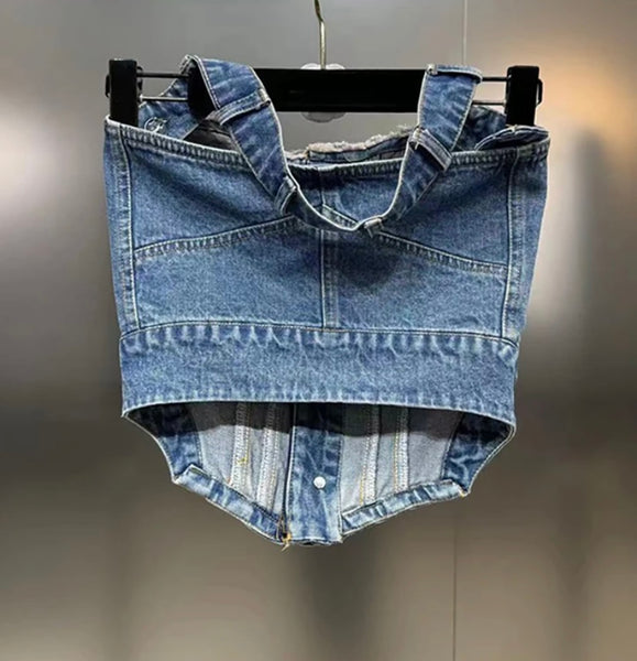 Women Sexy Fashion Button Up Crop Two Piece Denim Pant Set