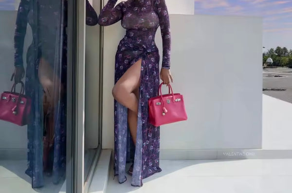 Women Sexy Purple Printed Full Sleeve Side Split Maxi Dress