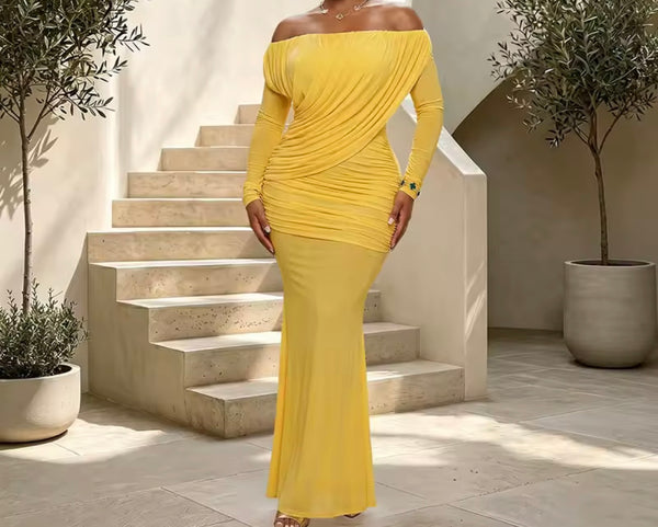 Women Sexy Off The Shoulder Full Sleeve Ruched Mesh Maxi Dress