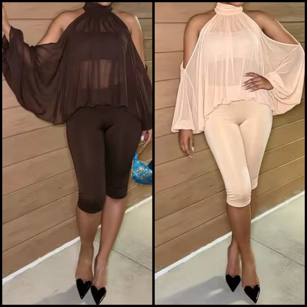 Women Open Shoulder Mesh Full Sleeve Three Piece Capri Pant Set