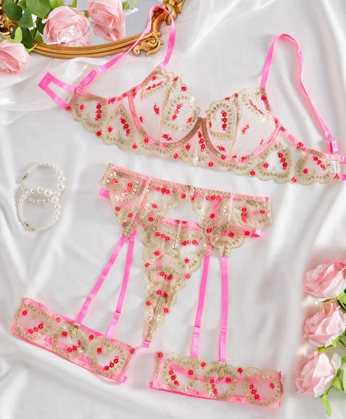 Women Sexy Pink Heart Print Lingerie Set