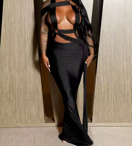 Women Sexy Sleeveless Solid Color Hollow Cross Maxi Dress