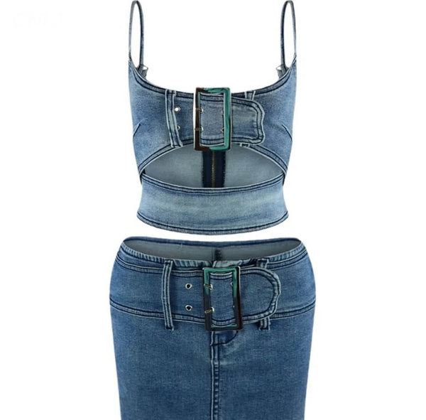 Women Sexy Sleeveless Buckled Cut Out Denim Two Piece Skirt Set