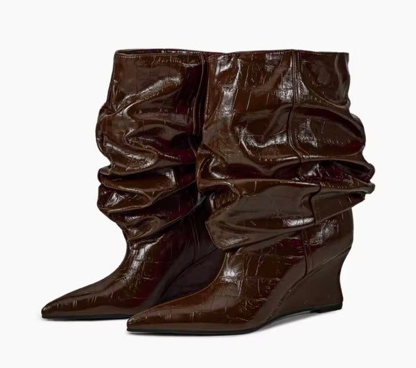 Women Pointed Toe Ruched Fashion Faux Leather Platform Ankle Boots