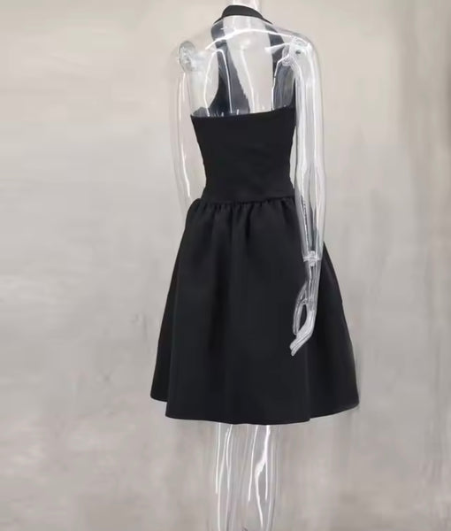 Women Sexy Pearl Bow Cut Out Halter Sleeveless Dress