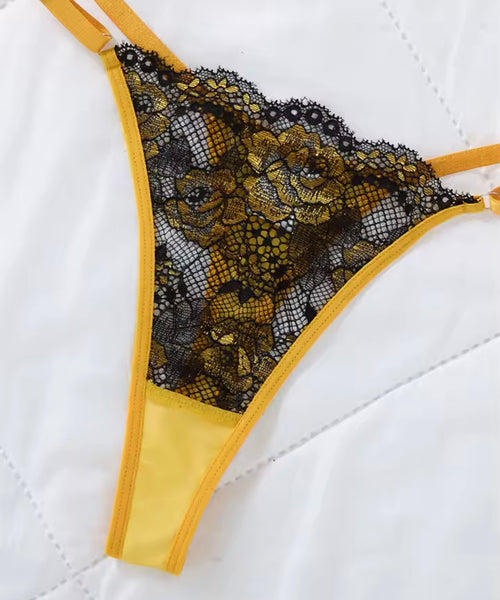 Women Sexy Yellow Lace Patchwork Nightgown Lingerie Set