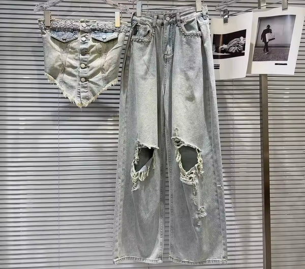 Women Rhinestone Button Up Crop Two Piece Ripped Denim Pant Set