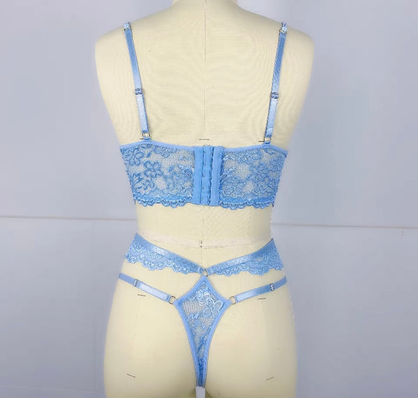 Women Sexy Bling Lace Tie Up Lingerie Set
