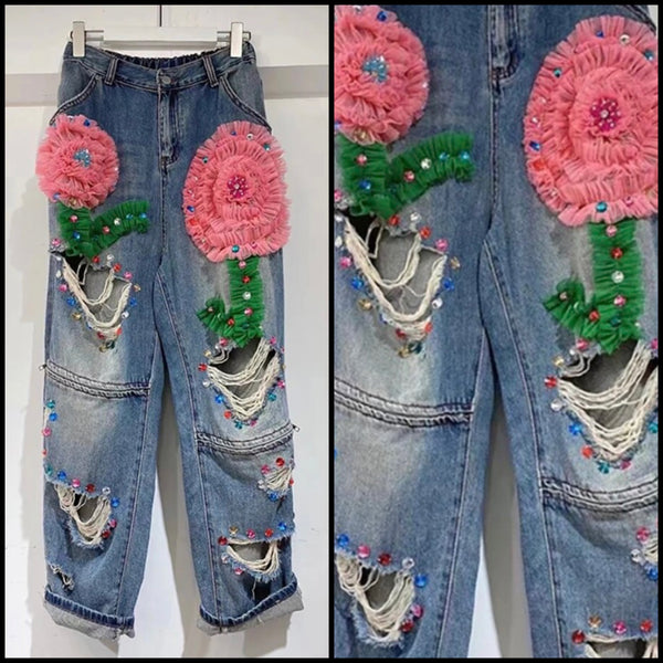 Women Fashion Ripped Tulle Gem Denim Pants