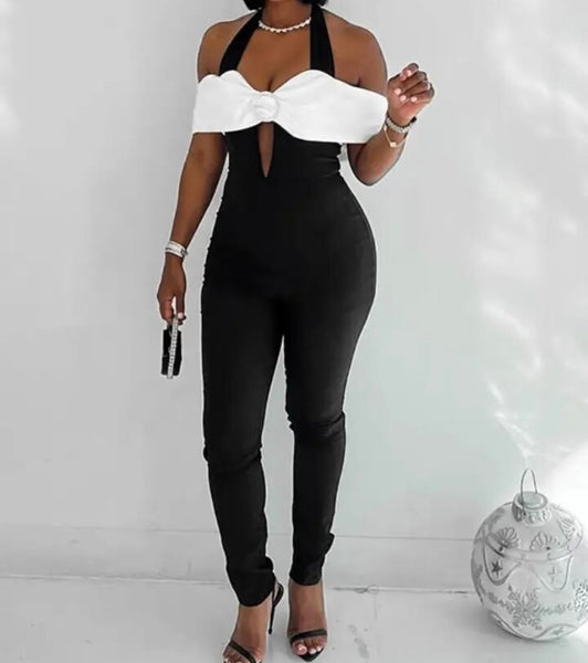 Women Fashion Sleeveless B&W Bow Jumpsuit